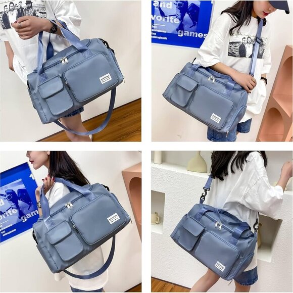 Small Gym Bag for Women, Travel Duffle Bag Carry On Weekender Bag with Shoe Comp - Picture 2 of 6